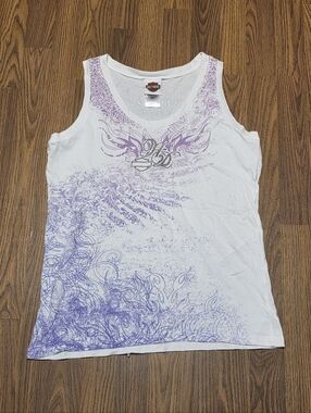 VTG Y2K Harley Davidson Tank Top Womens XL White Purple Rhinestone Montana USA